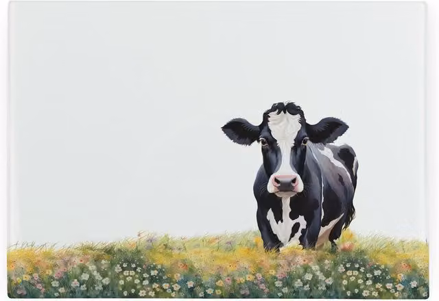 Purely Home Friesian Cow Smooth Glass Worktop Saver Small Rectangular Chopping Board in Black, White and Multicolour