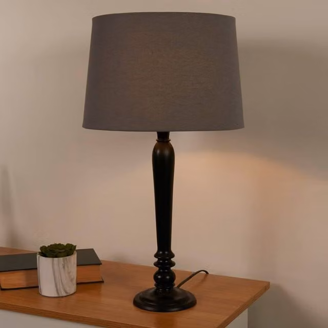 Lighting Collection Black Spindle Tabletop Lamp with Grey Fabric Shade – 1