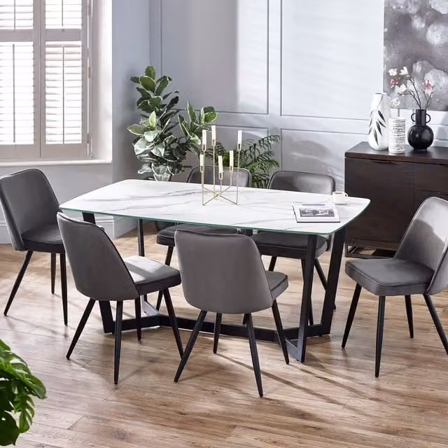 Julian Bowen Olympus Rectangular Glass Dining Table and Burgess Chairs Set in White, Grey and Black