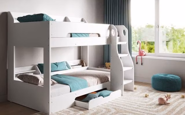 Flair Two-Level Bunk Bed with Stairs and Storage Drawers in White and Grey