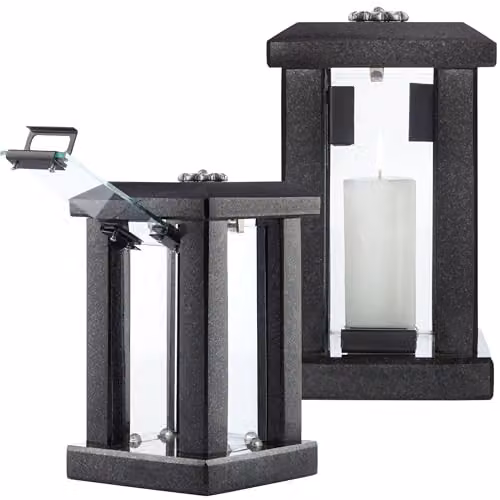 NOVECRAFTO Large Granite Candle Lantern with Flower Decor in Polished Black Stone, Height: 32 cm