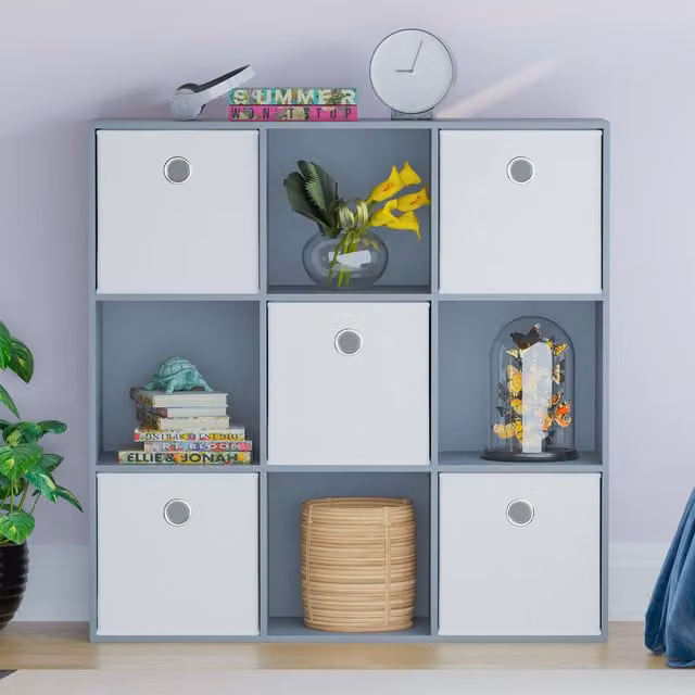 Vida Designs Durham 9 Cube Storage Unit with Back Panel and 5 White Baskets in Grey