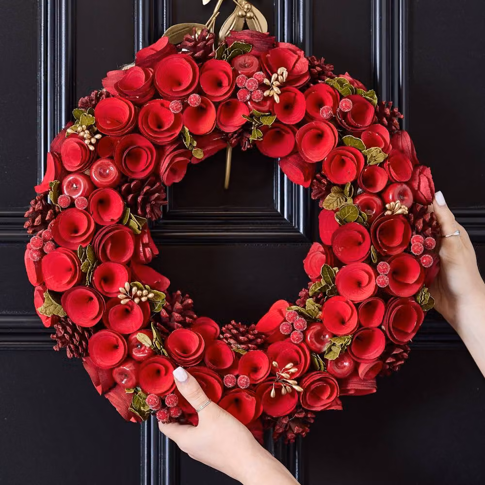 Dibor Extra Large Red Rose Christmas Wreath with Deer Wreath Hanger, Diameter: 42 cm – 2