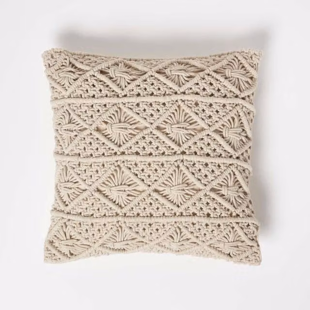Homescapes Willow Handwoven Macrame Square Cushion in Beige and Brown Cotton