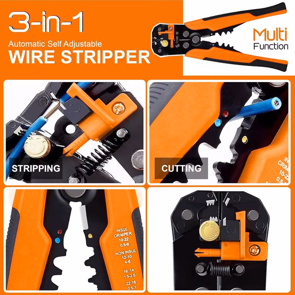 ATEK 3-in-1 Electrical Wire Strippers, Cutters and Terminal Crimper in Orange – 3