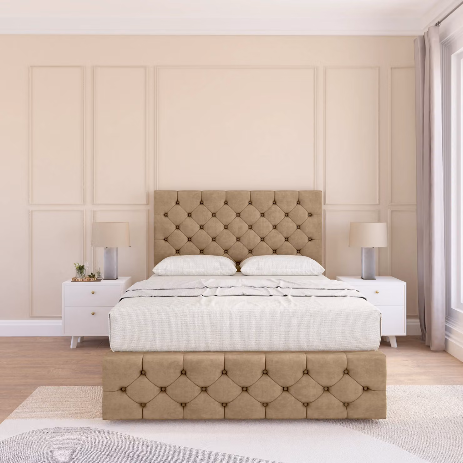 Sloomy Watson Chesterfield Upholstered Divan Bed Base with Headboard in Brown, Super King, W/D/H: 200 x 200 cm
