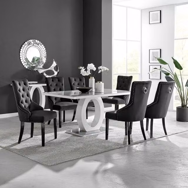 FurnitureboxUK Giovani 6-Seater Grey Glass Rectangular Dining Table and 6 Black Belgravia Velvet Dining Chairs – 1