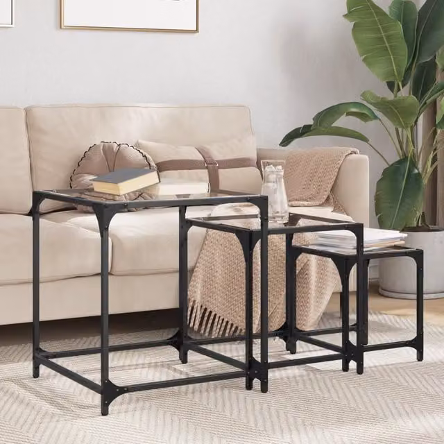 Berkfield Home Nesting Coffee Tables, 3 Piece Set with Transparent Glass Tops and Black Steel Frames – 1