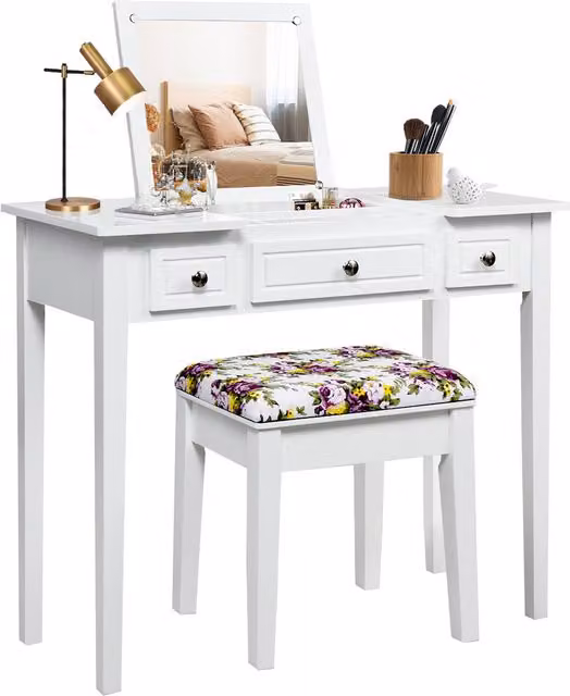 Costway White Lacquered Wood Dressing Vanity Table and Stool Set with Mirror