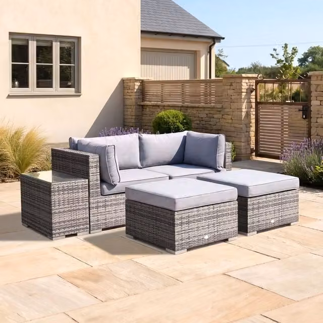 Charles Bentley Multifunctional 4 Seater Rattan Lounge Set with Ottoman in Grey, W/D/H: 73 x 73 x 64 cm – 1