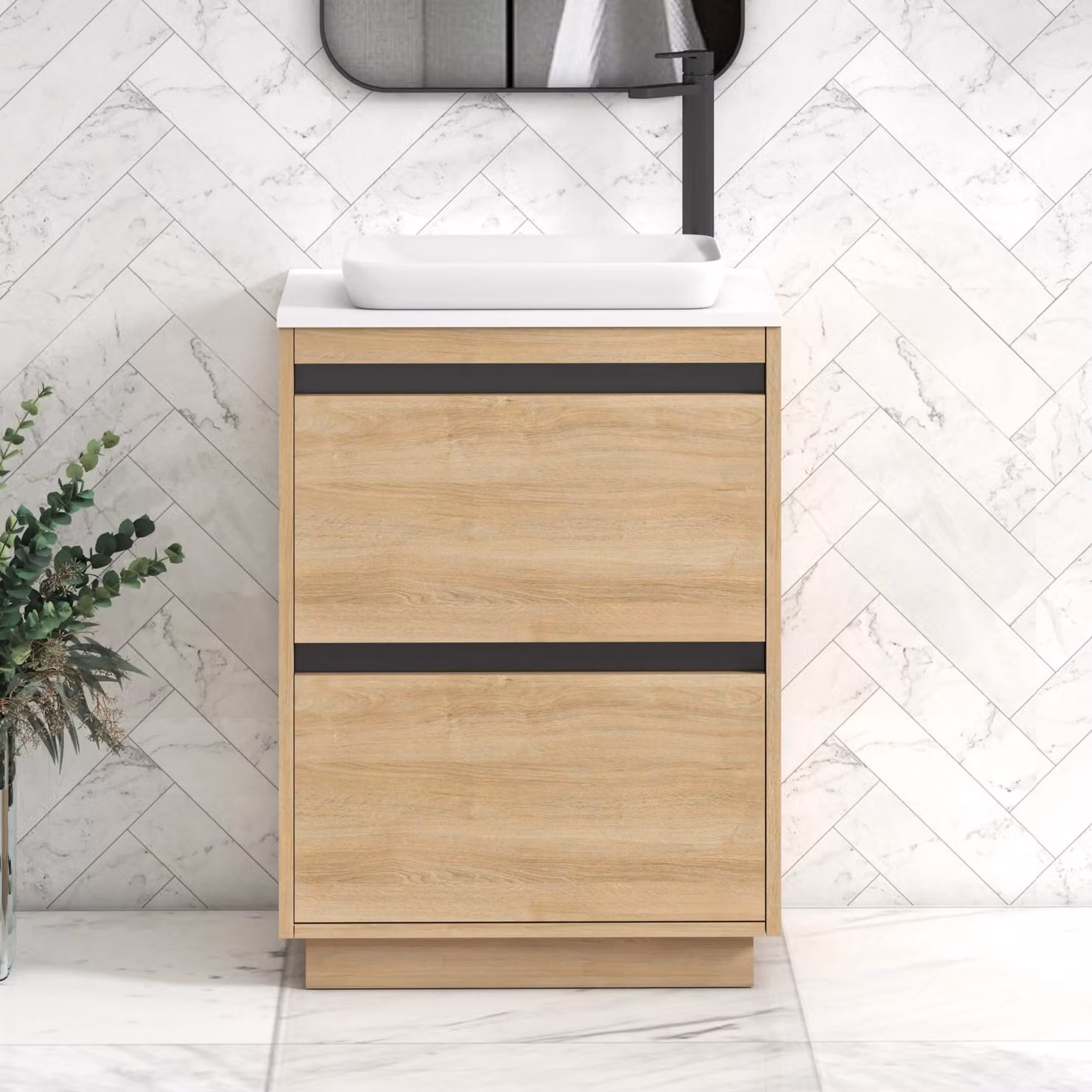 Royal Bathrooms Orion 2 Drawer Natural Oak Floor Standing Vanity Unit with Plain White Top and Black Accent Trim