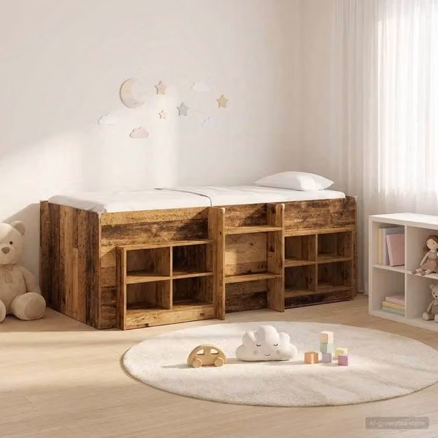 Berkfield Home Loft Bed Frame with Cabinet in Old Wood Brown, 3-Piece Engineered Wood Set