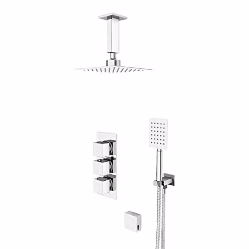 Nes Home Chrome 3 Way Concealed Thermostatic Shower Mixer Set with Rain Overhead Shower, Handset and Bath Filler