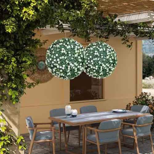 HOMCOM Set of 2 Hanging Artificial Floral Topiary Balls with Flowers, Green and White, Diameter: 40 cm – 6