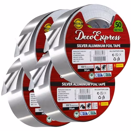 Deco Express Silver Aluminium Foil Insulation Tape, 4 Rolls (W: 4.5 cm, Length: 50 m per roll)