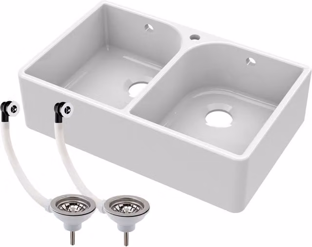 Balterley White Ceramic 2 Bowl Fireclay Butler Sink with Full Wastes Weir, W: 79.5 cm, D: 50 cm, H: 22 cm – 1