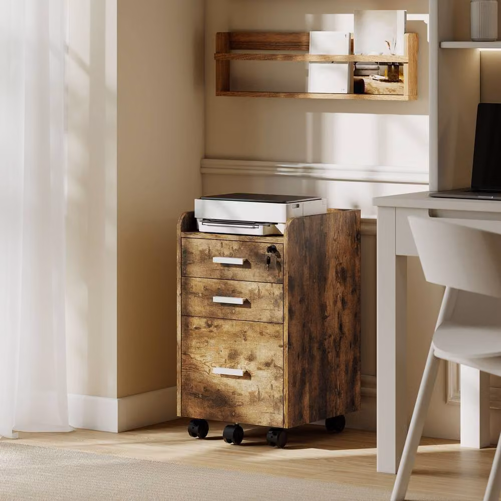 STILVORA 3 Drawer Filing Cabinet with Lock and Castors in Brown – 2