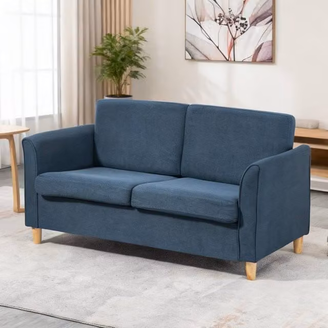 ERGOVEXA Compact 2 Seater Loveseat Sofa in Blue with Wood Legs and Removable Fabric Covers – 1