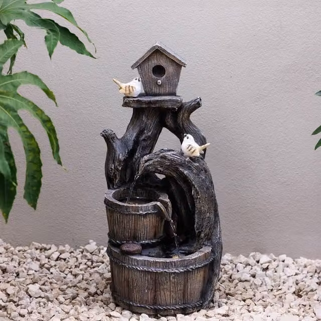 Primrose To Roost Birdhouse Outdoor Cascade Water Feature with LEDs in Grey, Height: 58 cm – 1