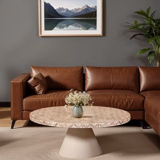 IH Design Round Lacquered Acacia Wood Floral Low Coffee Table in Brown and Multicolour