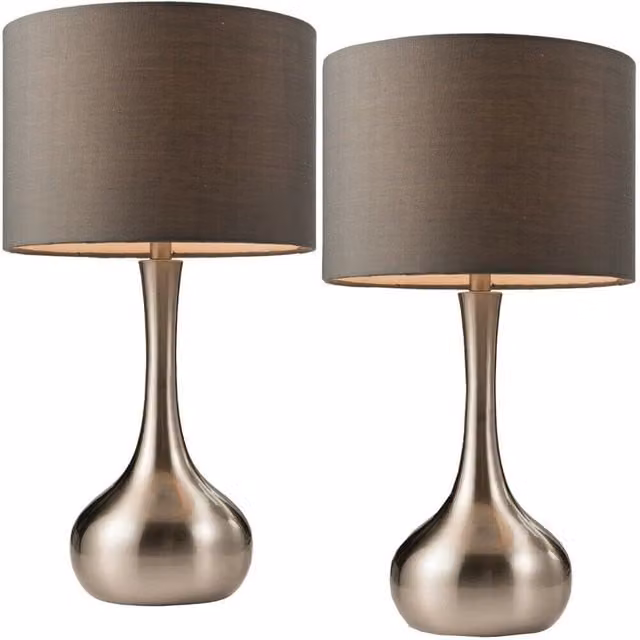 Loops 2 Pack Dimmable Touch Table Lamps with Grey Fabric Shades and Satin Nickel Metal Bases