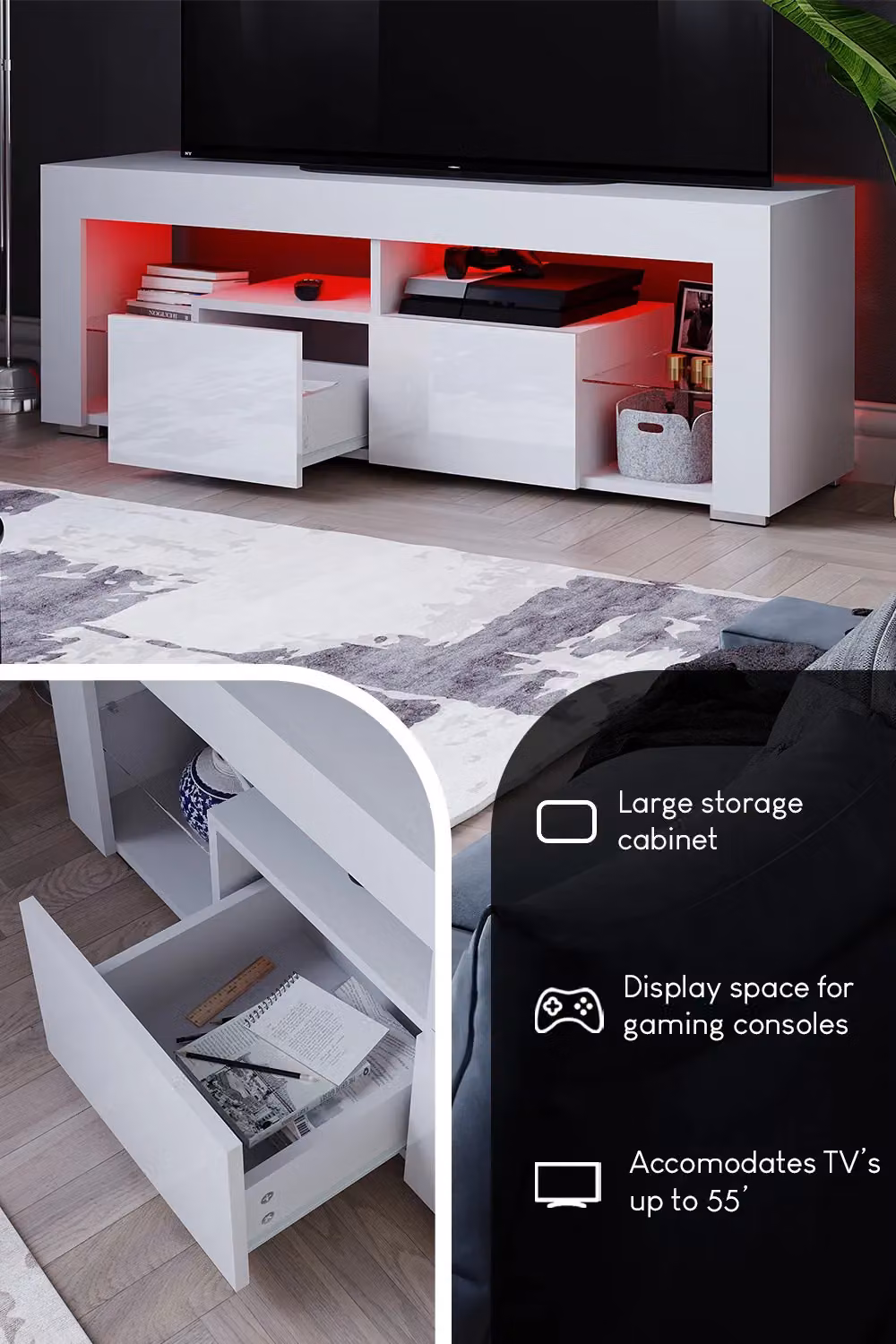 Vida Designs Luna Modern 2 Drawer LED TV Unit with Integrated Lighting in White Glossy Finish – 3