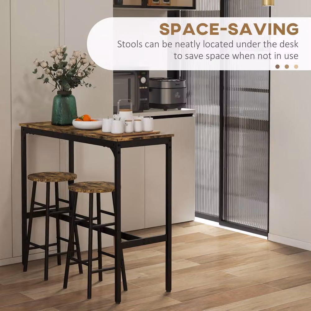 HOMCOM 3 Piece Industrial Kitchen Bar Set with Rectangular Table and Chairs in Oak Brown and White – 4