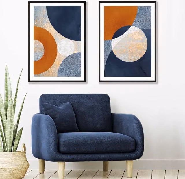 ARTZE Set of 2 Abstract Geometric Mixed Media Art Prints in Blue and Orange with Black Wood Frames, A3 – 1