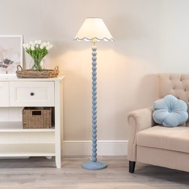 ValueLights Bobbins Floor Lamp with Blue Fabric Scallop Shade and LED Bulb