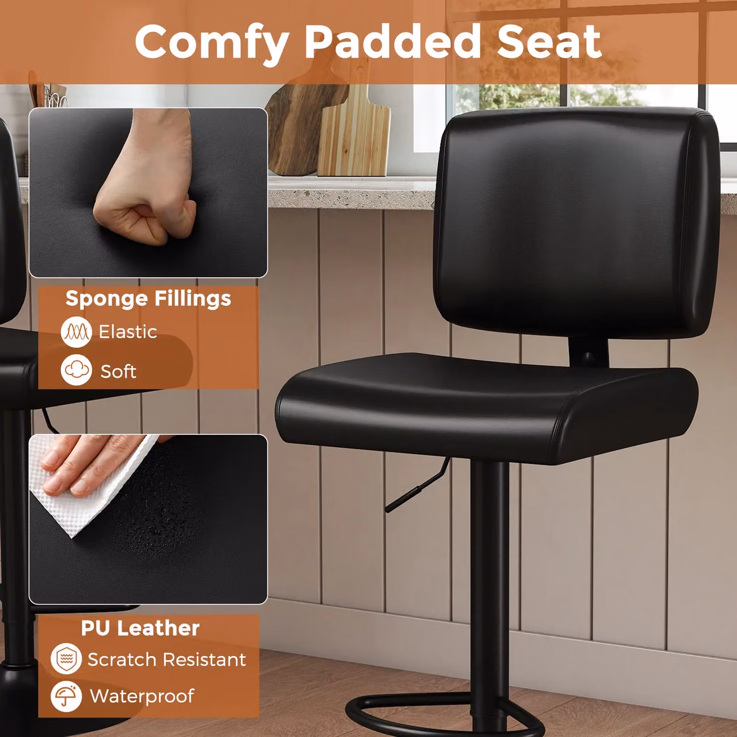 Gymax Set of 2 Modern Black Swivel Bar Stools with Adjustable Height and Synthetic Leather Upholstery – 7