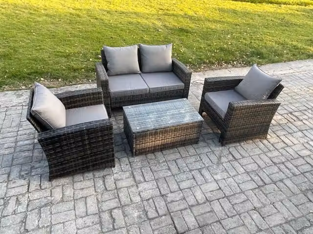 Fimous Outdoor Lounge Sofa Set with Coffee Table and Double Seat Sofa in Dark Grey PE Rattan