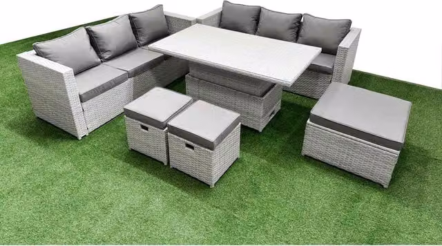 Fimous 6-Piece Rising Rattan Dining Set in Light Grey with 3-Seater Sofa and Footstools