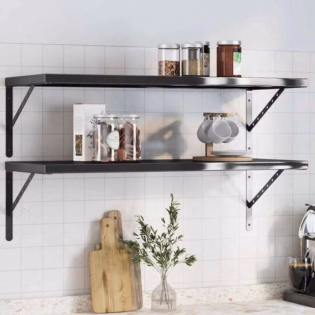 Berkfield Home Set of 2 Wall Mounted Black Matt Metal Shelves, W: 100 cm, D: 40 cm