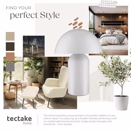 tectake Mushroom Table Lamp in White Coated Steel, Rechargeable Cordless Portable Touch Light with 3-Step Dimming Function – 5