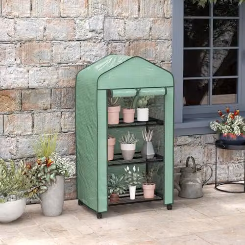 Outsunny 3 Tier Mini Greenhouse with Wheels, Green, H 130 x W 69 x D 49 cm – 2