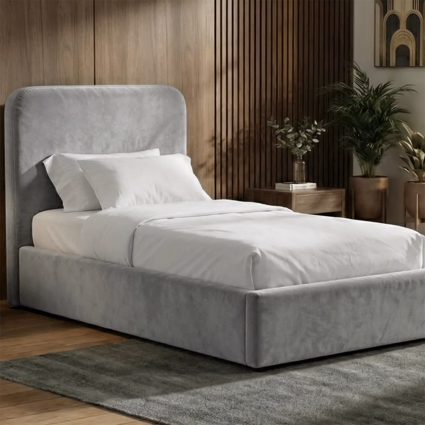 DHS Pluva Velvet Ottoman Storage Bed Frame, Grey, W/D/H: 140 x 190 x 135 cm