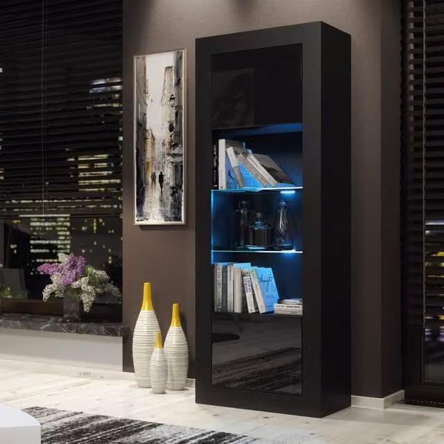 Creative Furniture Illume Modern Black Display Cabinet with Glass Doors and Integrated Lighting