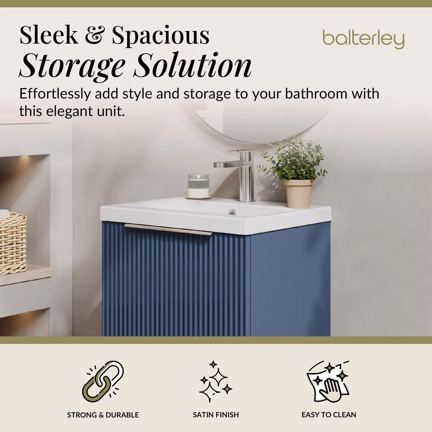 Balterley Fluted Wall Hung 1 Drawer Vanity Basin Unit and Basin, Satin Blue, Width: 50 cm – 2