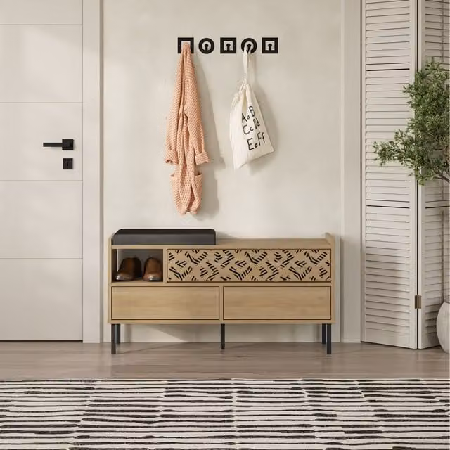 Decortie Modern Oak Shoe Storage Bench in Brown