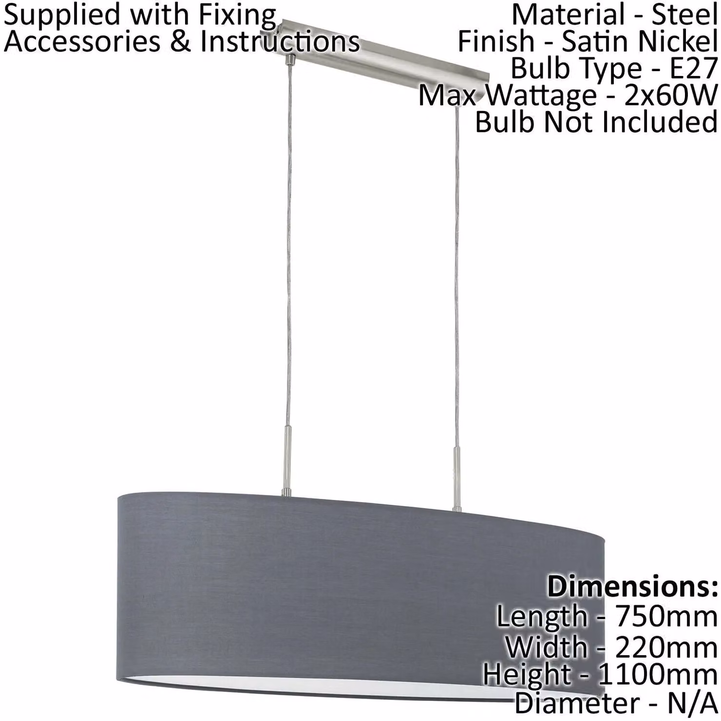 Loops Ceiling Pendant Light and 2x Matching Wall Lights in Grey Fabric and Satin Nickel Metal – 2