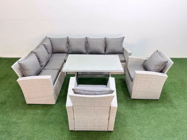 Fimous 8 Seater Modern Outdoor Rattan Furniture Set with 2 Armchairs in Light Grey