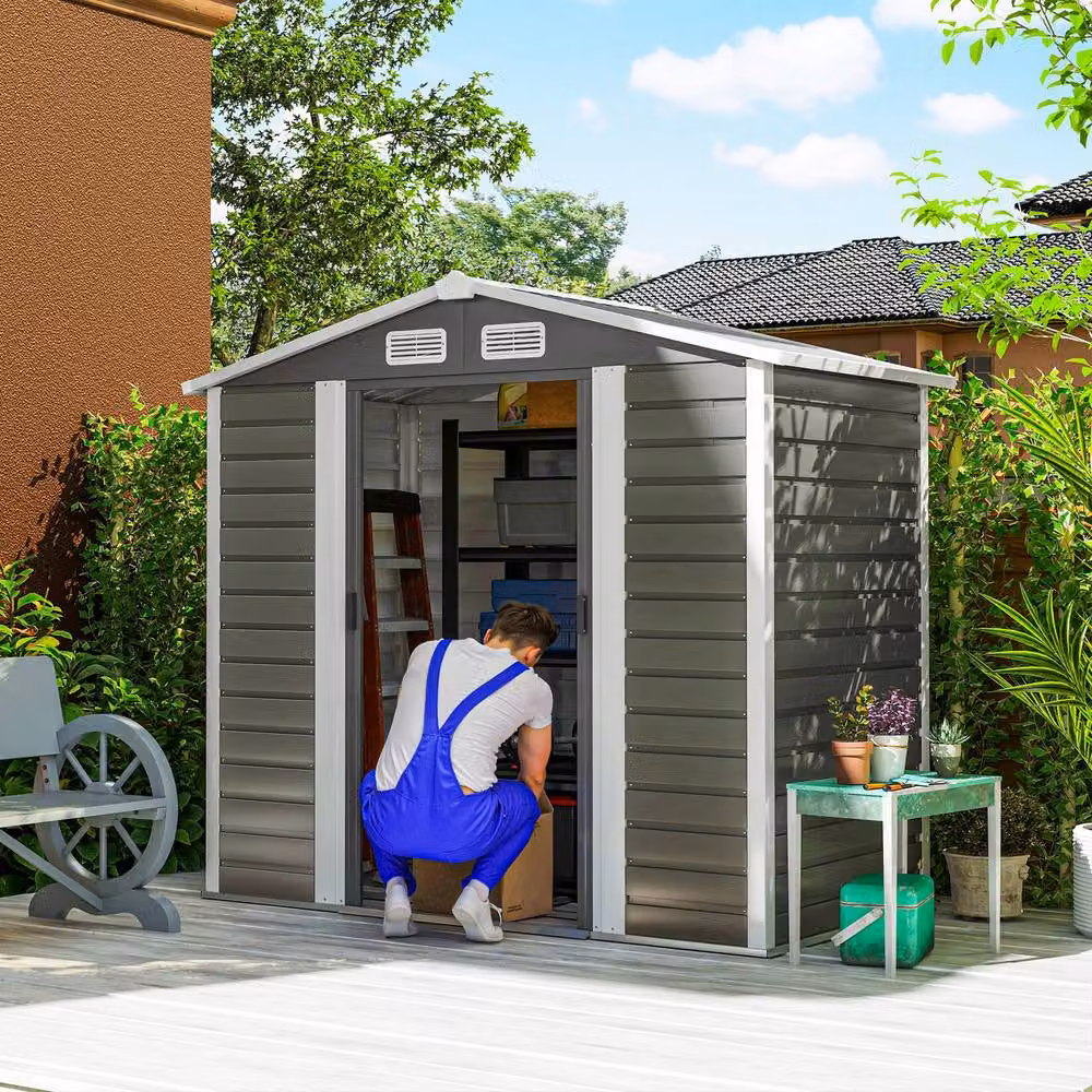Rolipo Dark Grey Galvanised Steel Garden Shed with Foundation Kit and Lock – 3