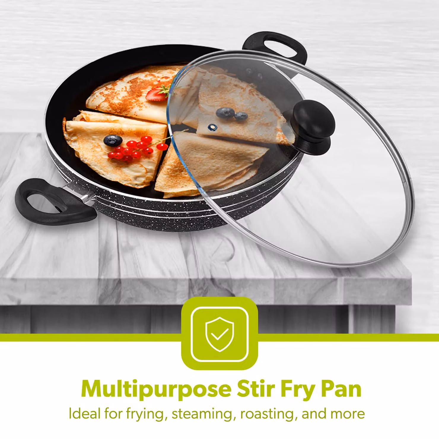 Royalford Non-Stick Induction Wok Pan with Glass Lid, Black, Large – 4