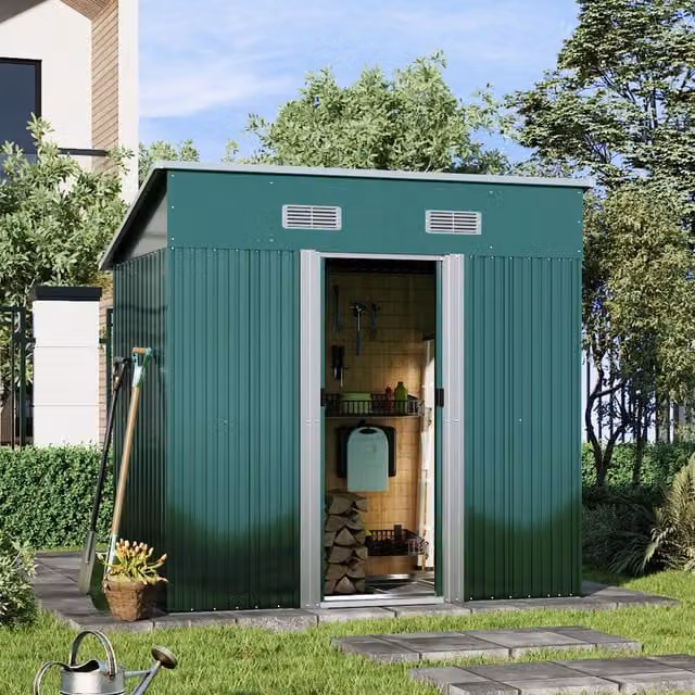 Breeins Steel Garden Shed with Pent Roof and Double Doors, Dark Green