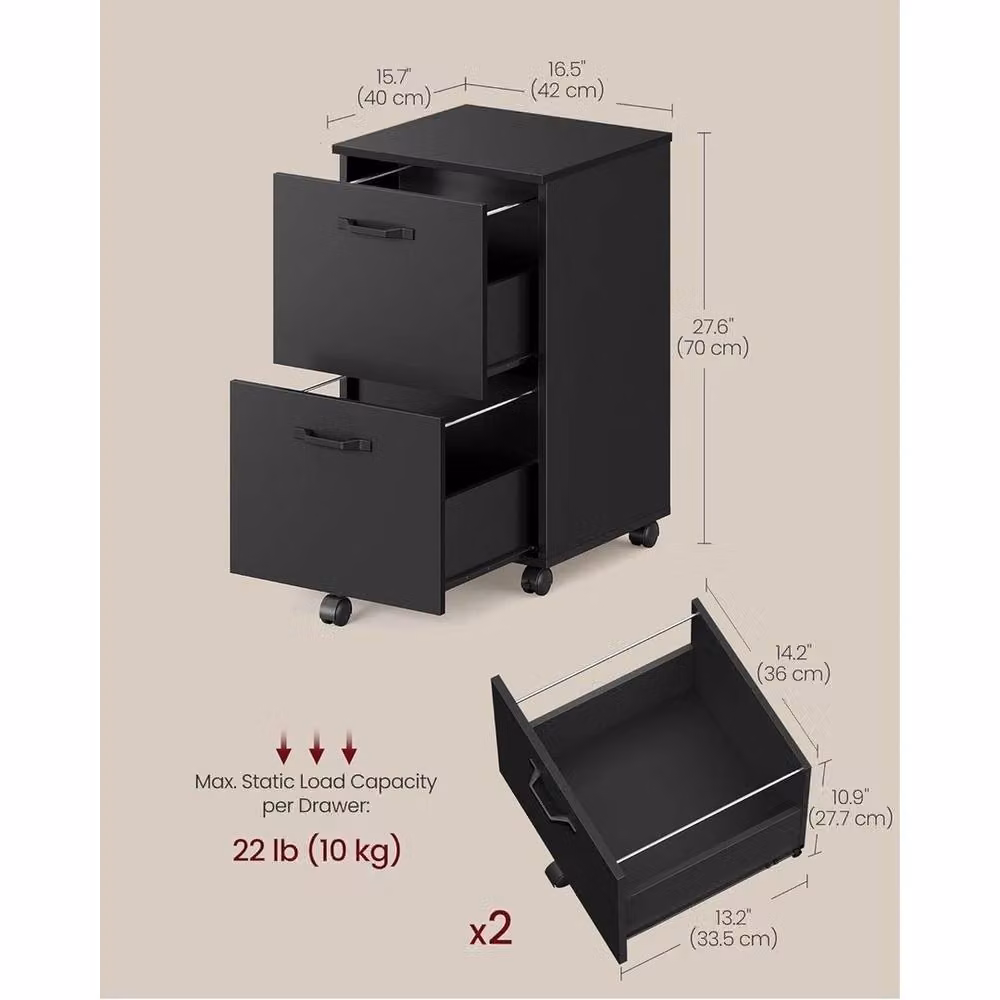 ERGOVEXA Lockable 2-Drawer Metal Filing Cabinet in Black with Castors – 2