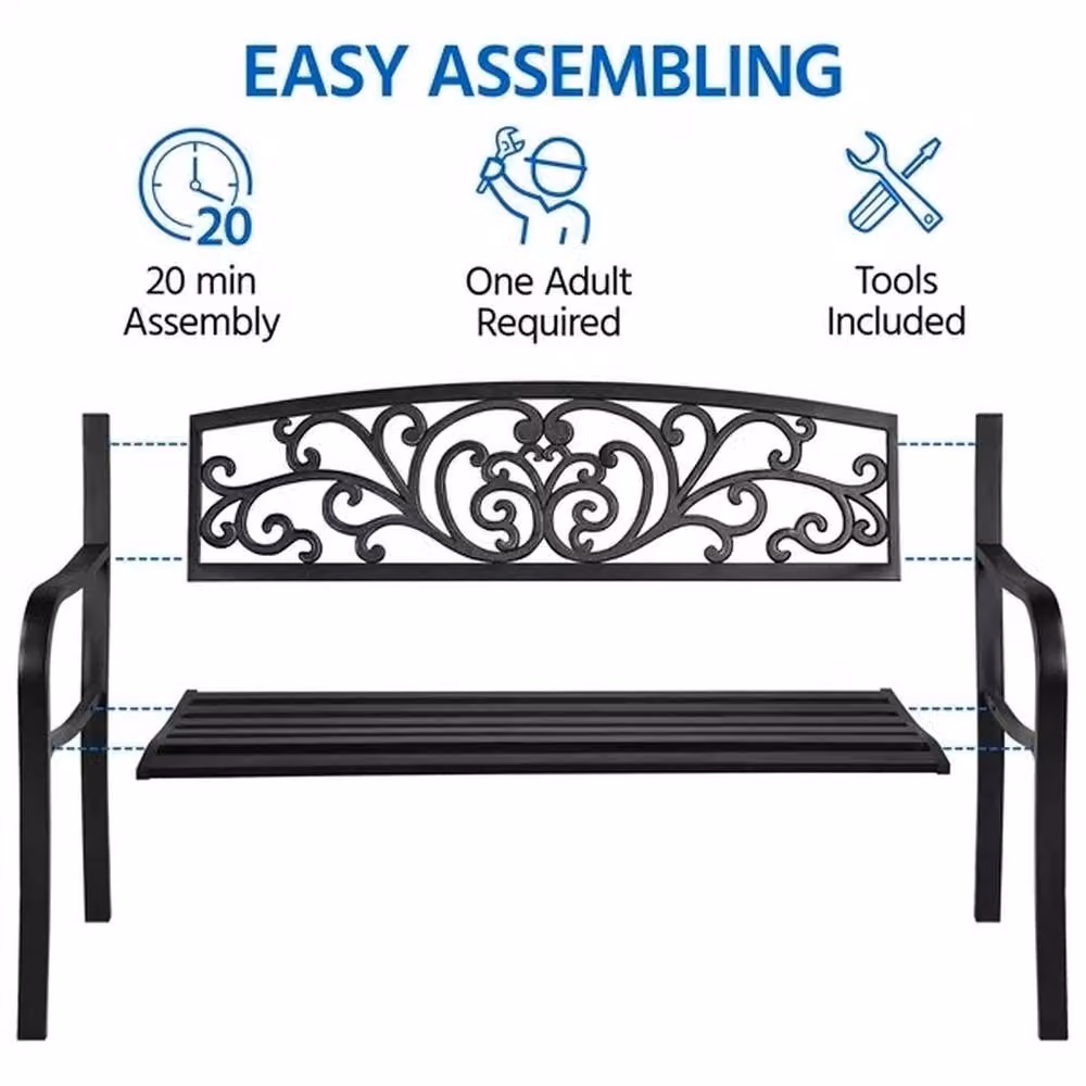 KORVIXA Black Metal Geometric Outdoor Garden Bench, W/D/H: 100 x 100 x 100 cm – 4