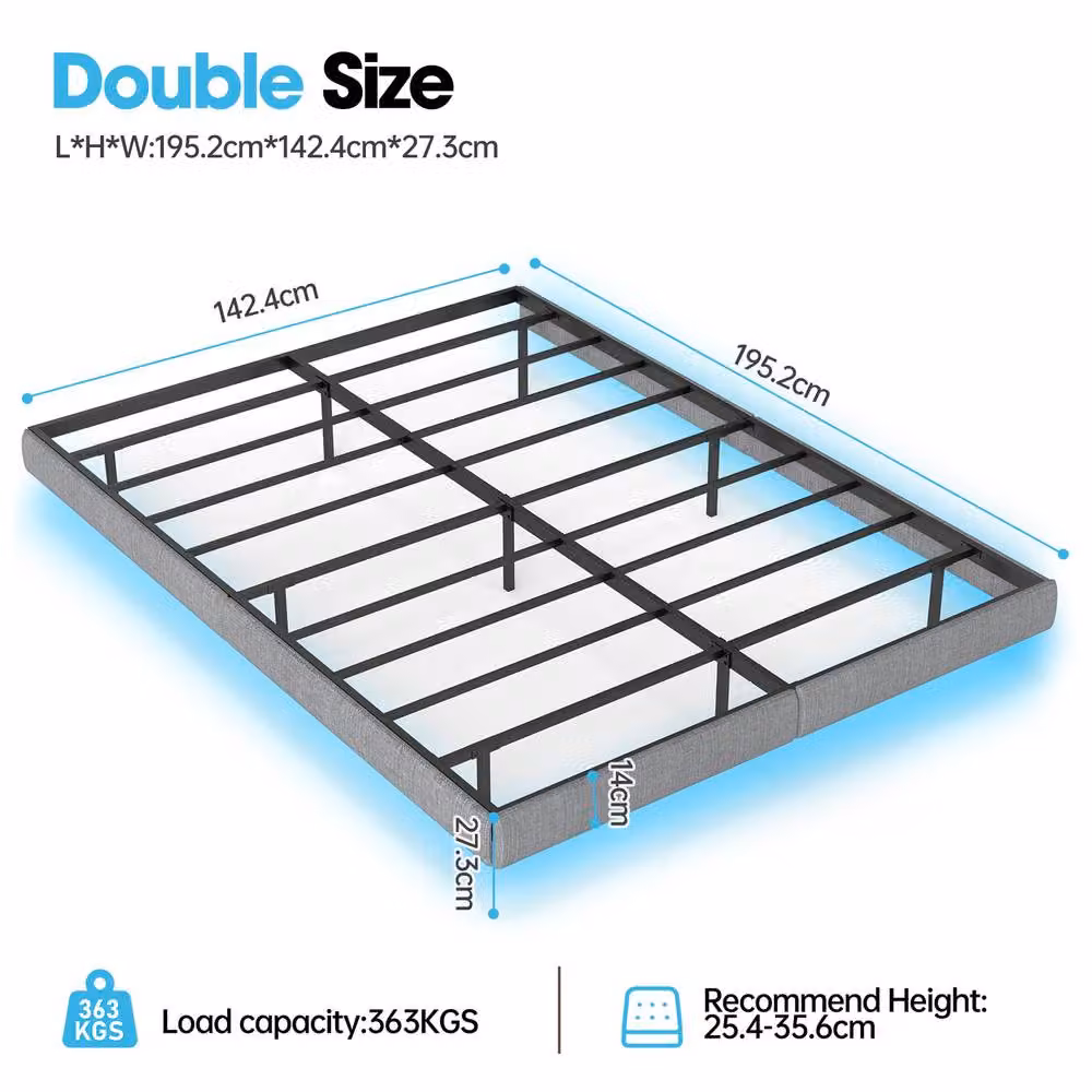 Rolipo Grey Fabric Floating Double Bed Frame with RGB LED Under-Bed Lighting and Metal Storage W/D/H: 140 x 200 cm – 3