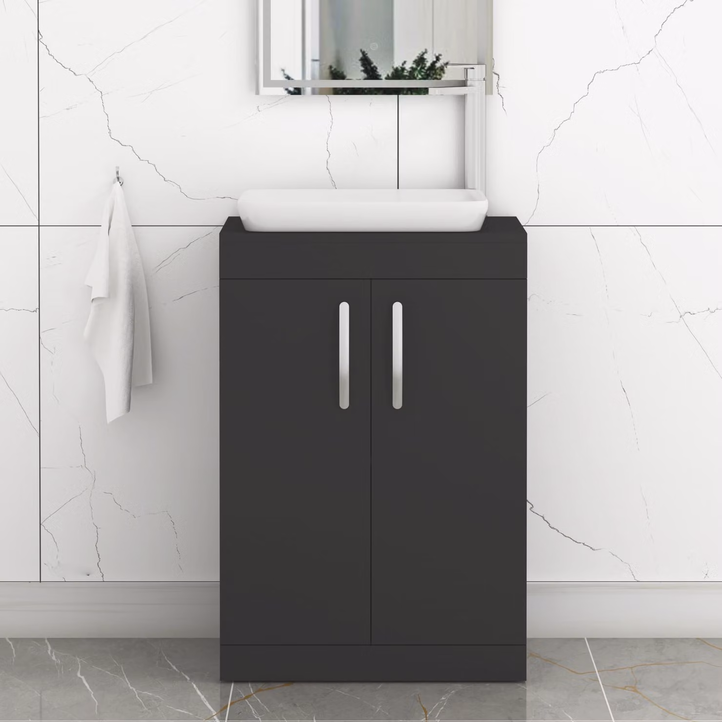 Royal Bathrooms Turin 600mm Floor Standing 2 Door Vanity Unit in Matte Black with Countertop Basin and Matt Black Handles