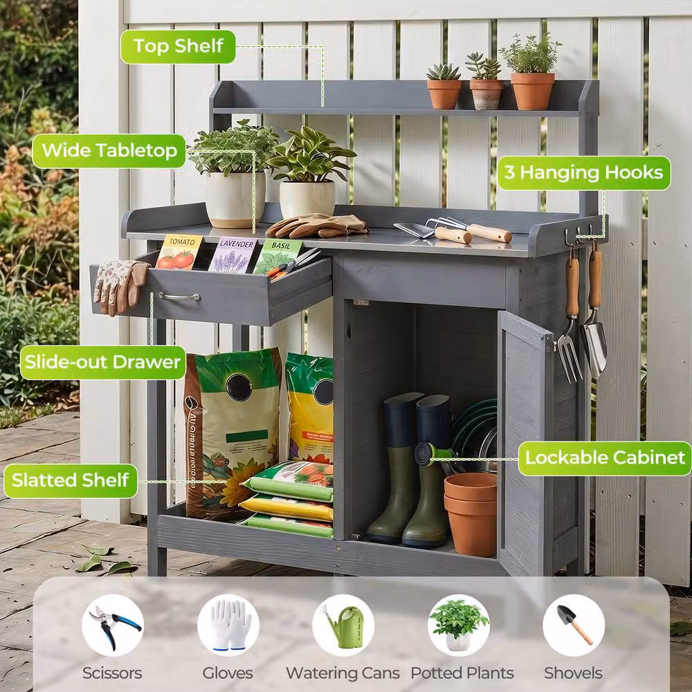 Costway Grey Wooden Garden Potting Bench Table with Lockable Cabinet and Stainless Steel Accents – 7