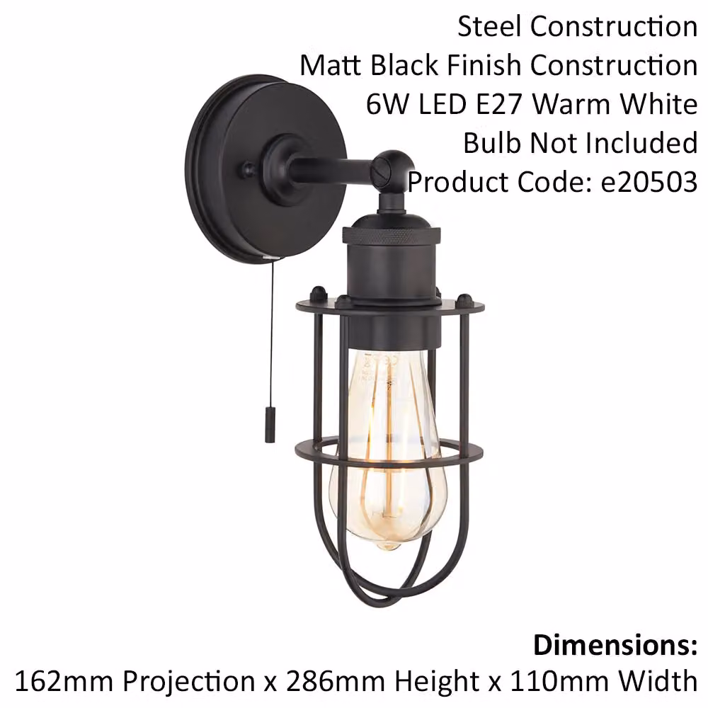 Loops Industrial Black Metal Caged Bathroom Wall Light with IP44 Rating – 2